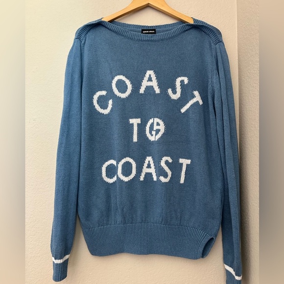 Giorgio Armani Woman Sweater Slate blue 44 Sz M/L Linen, Cotton. Logo In Front - Picture 1 of 14